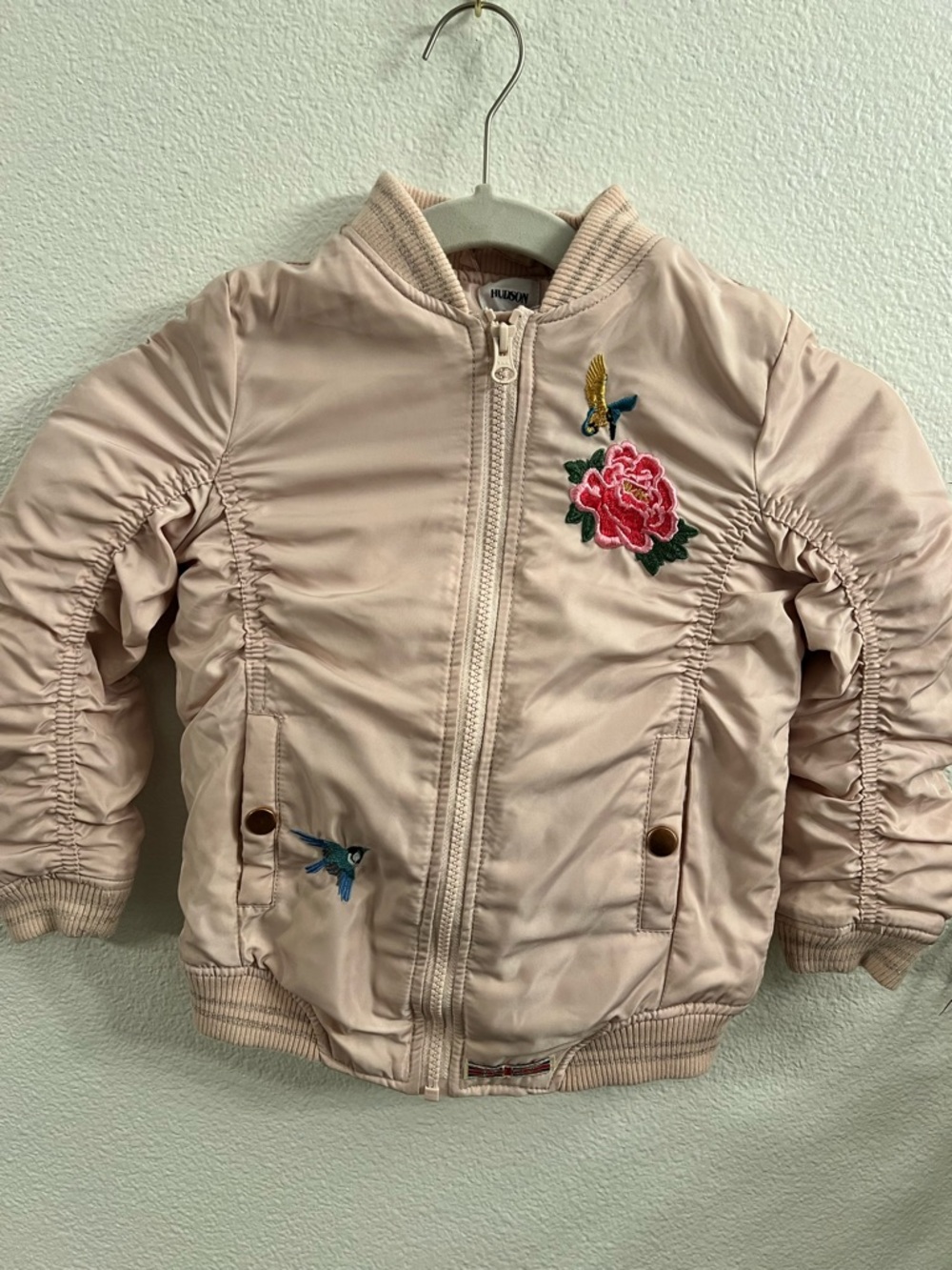 Hudson Girls Pink Bomber Jacket | Embroidered Floral Bird | Size 1-2 years old